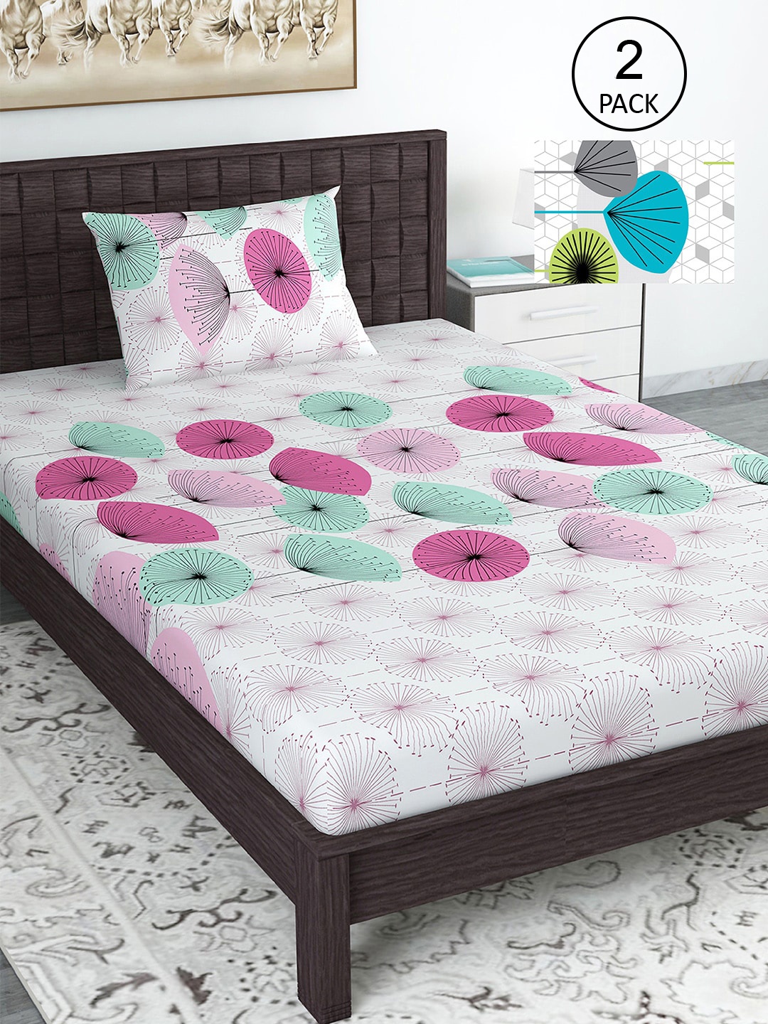 

Divine Casa Pink 144 TC Cotton Floral 2 Single Bedsheet with 2 Pillowcover