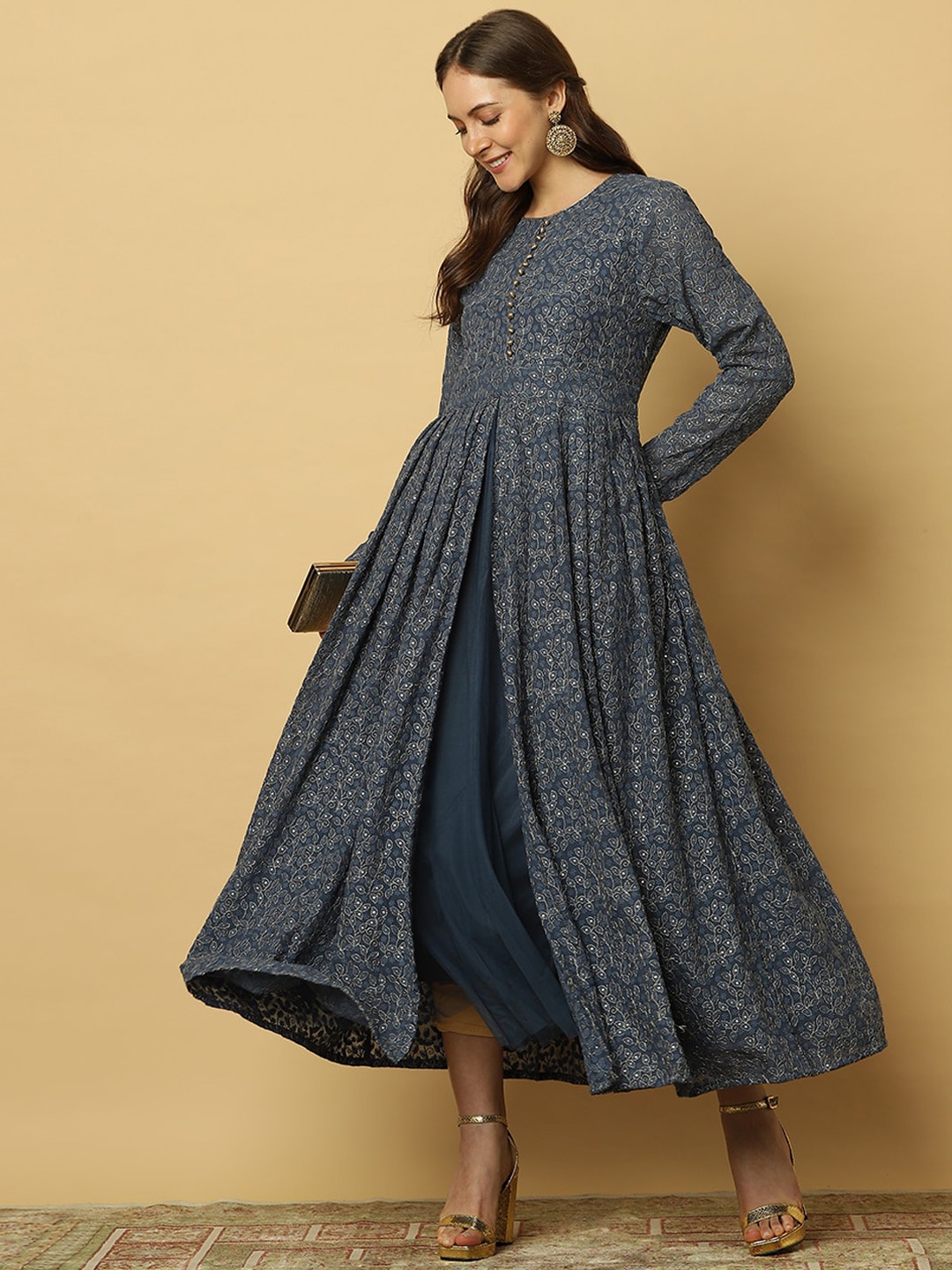 

Indifusion Women Blue Geometric Printed Thread Work Anarkali Kurta