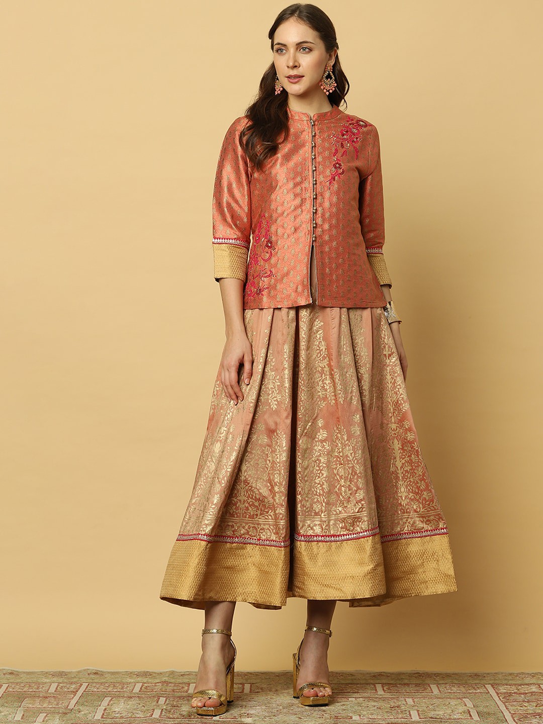 

Indifusion Women Orange Ethnic Motifs Keyhole Neck Gotta Patti Anarkali Kurta