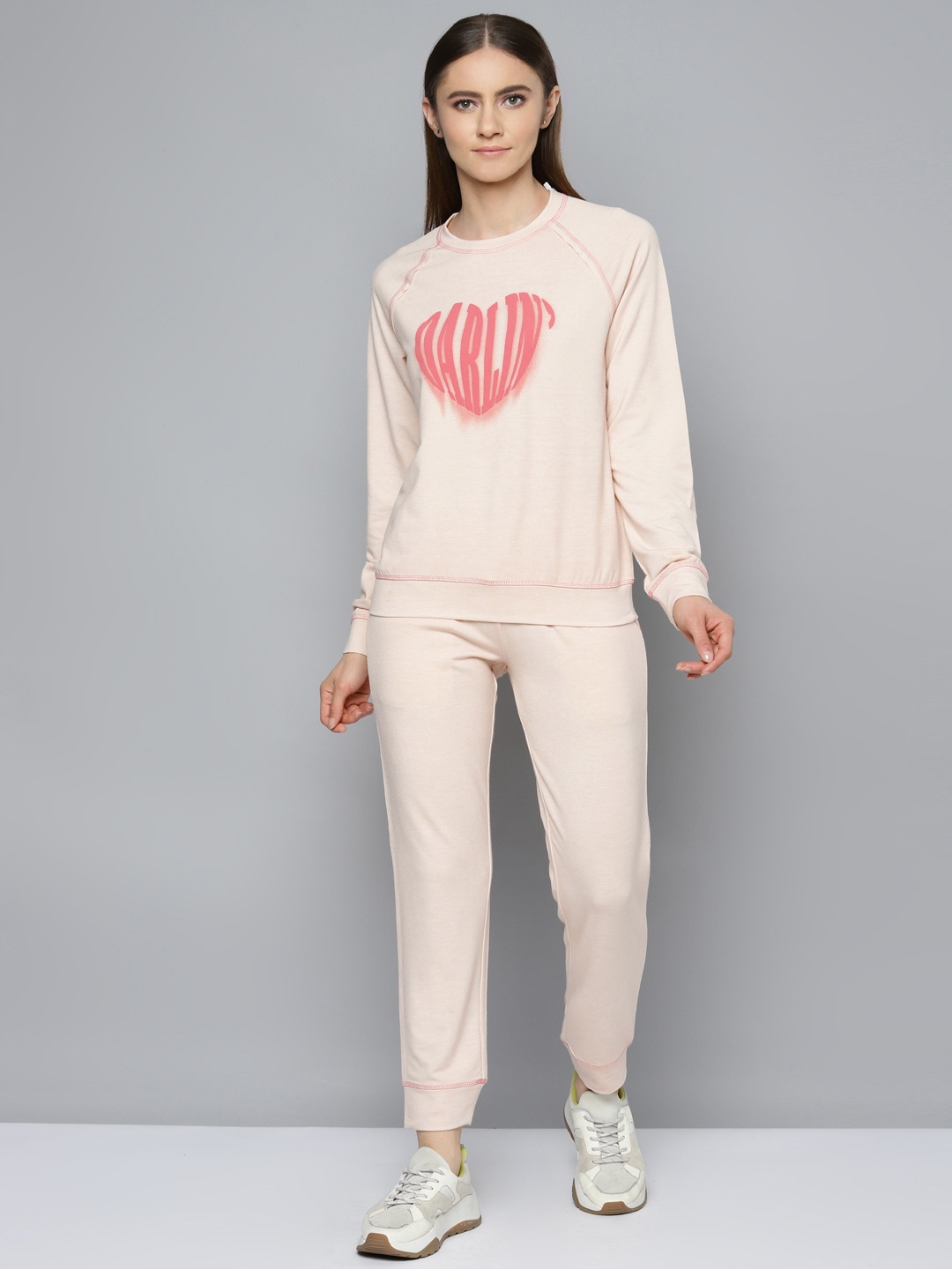

VividArtsy Women Beige & Pink Typography Printed Sweatshirt with Joggers