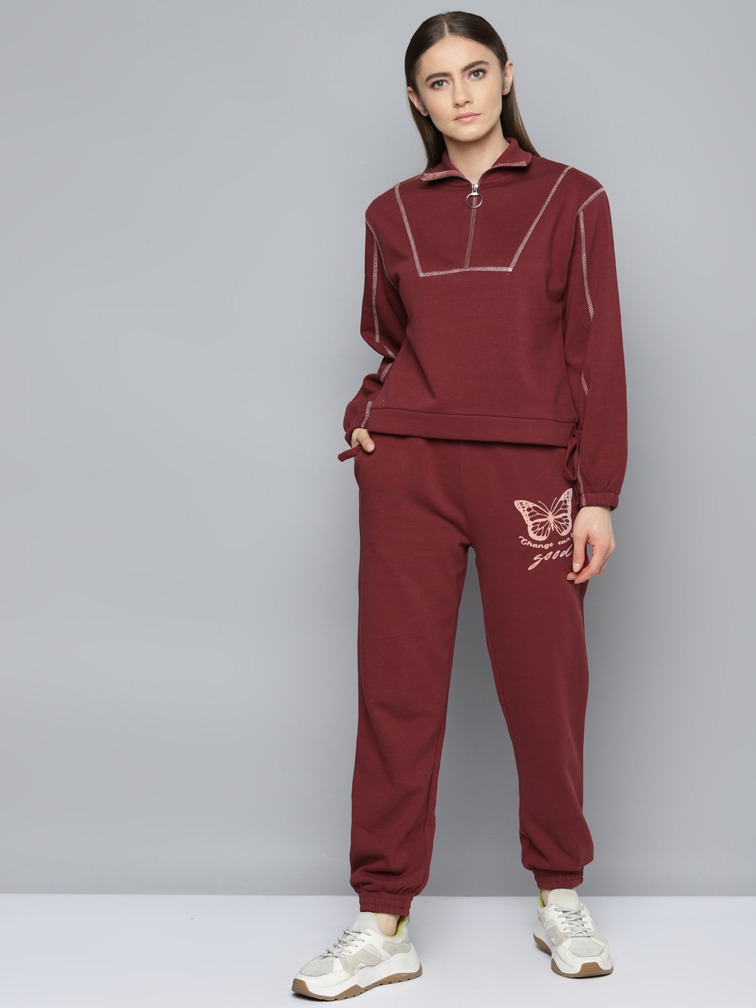 

VividArtsy Women Maroon Solid Sweatshirt with Joggers