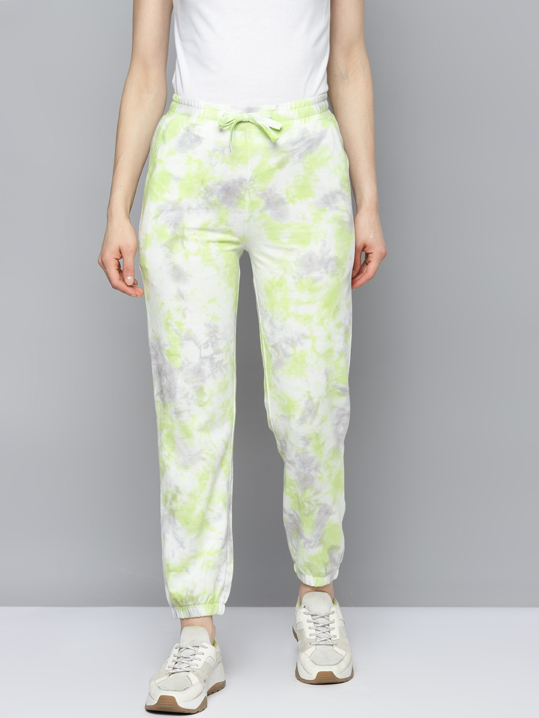 

VividArtsy Women Lime Green Tie and Dye Printed Relaxed Slim Fit Joggers