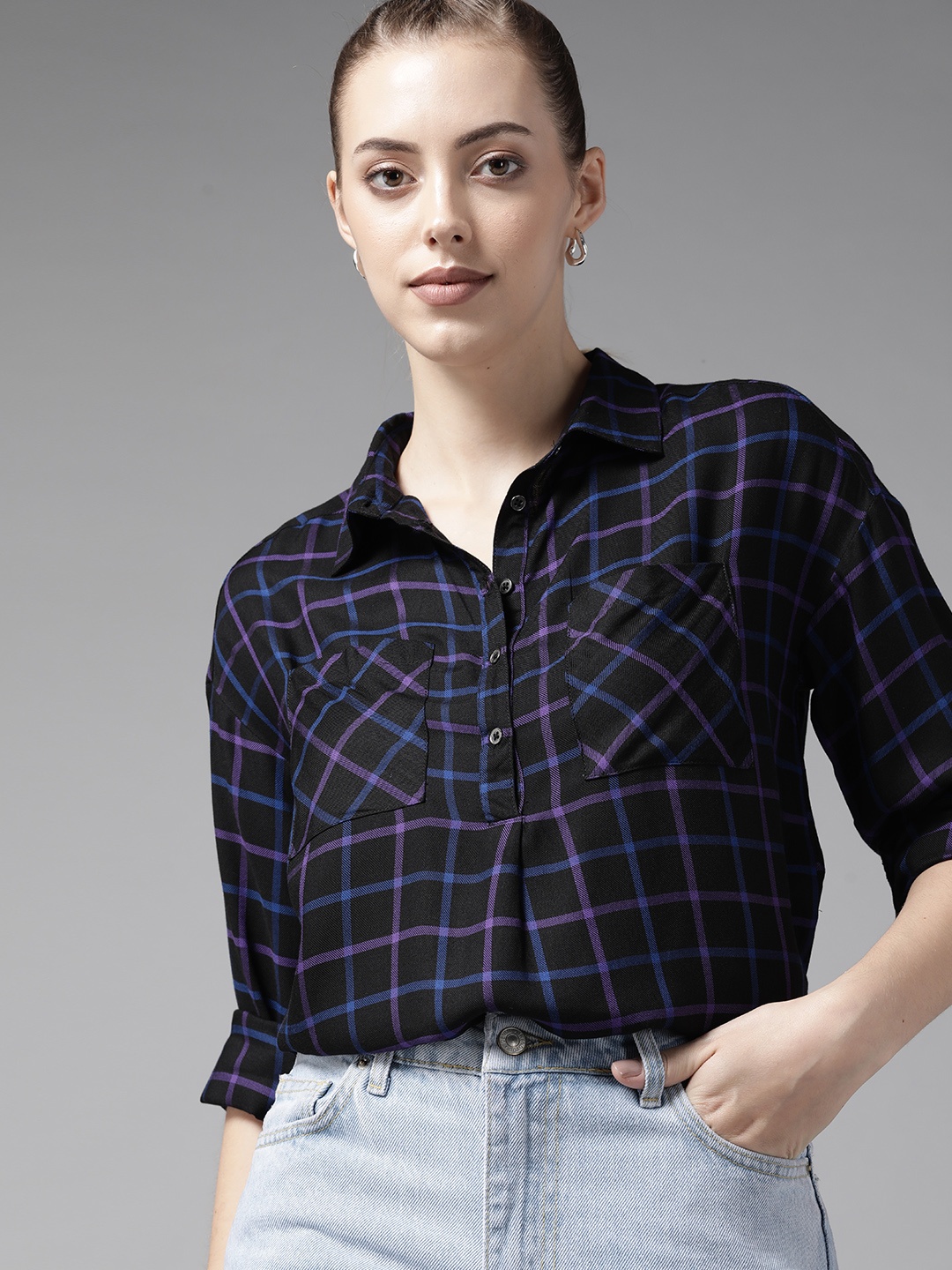 

Roadster Women Black & Blue Checked Casual Shirt