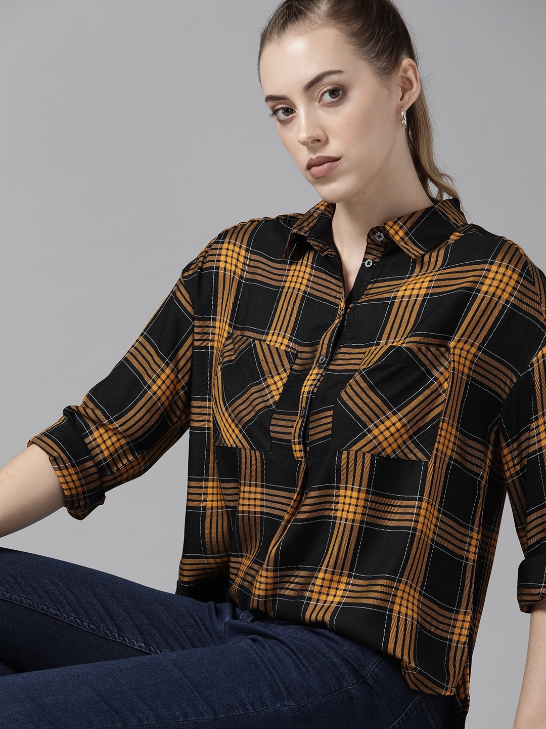

Roadster Women Mustard Yellow & Black Tartan Checked Casual Shirt
