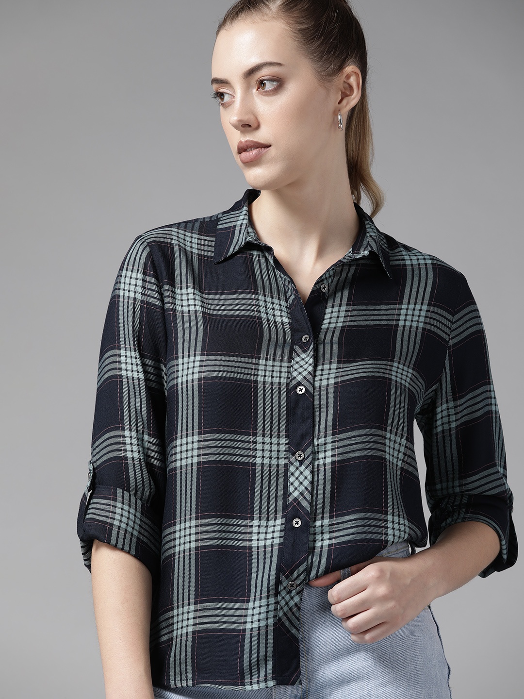 

Roadster Women Blue Tartan Checked Casual Shirt