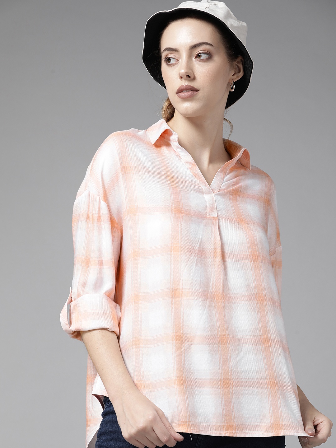 

Roadster Women Orange & White Tartan Checked Casual Shirt