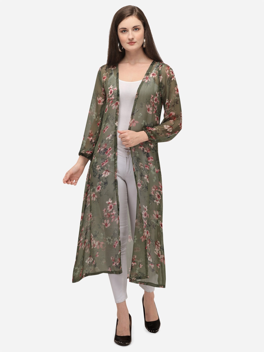 

Fashfun Women Printed Longline Shrug, Green