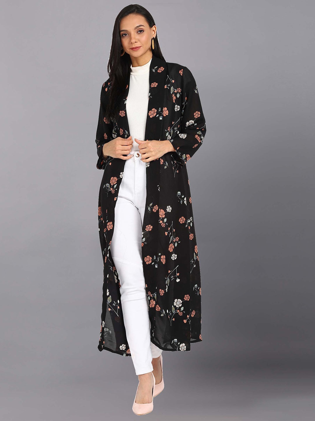 

Fashfun Women Printed Longline Shrug, Black