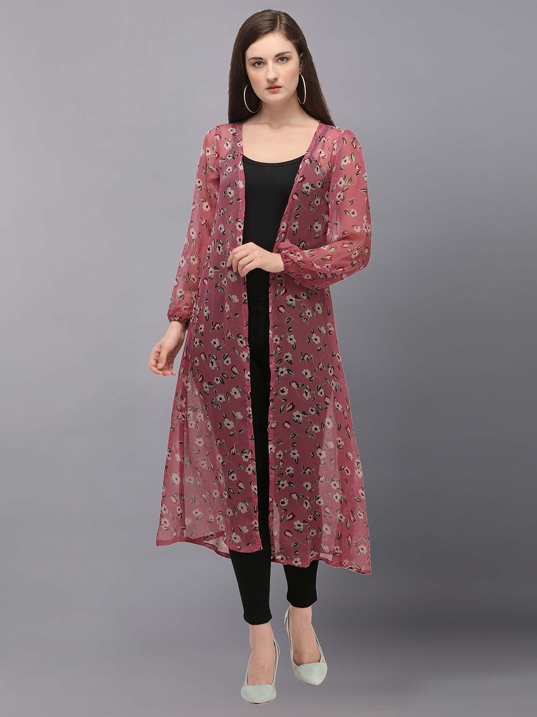 

Fashfun Women Printed Longline Shrug, Pink