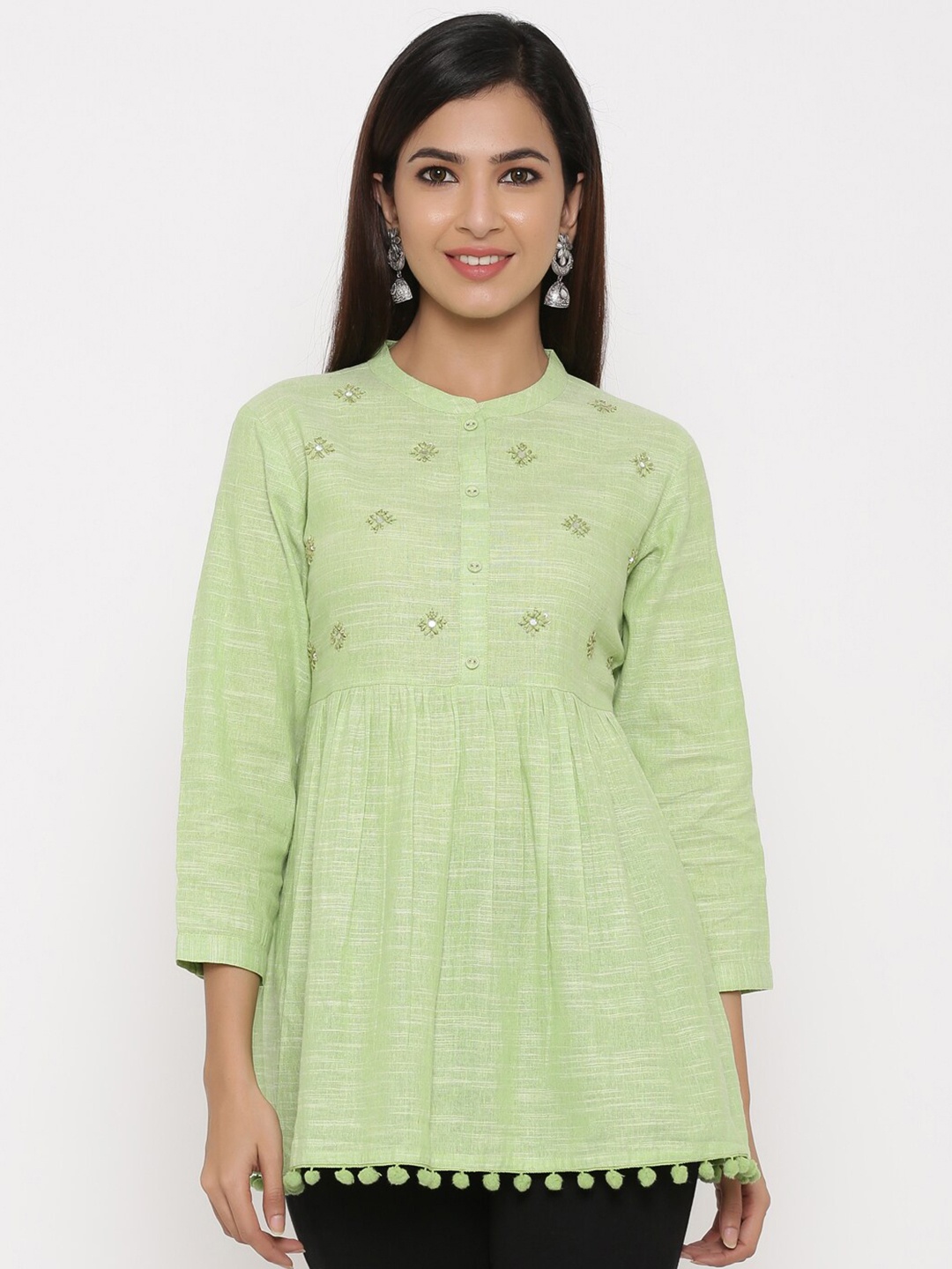 

kipek Green Floral Embroidered Pom Pom Detail Pure Cotton Empire Kurti