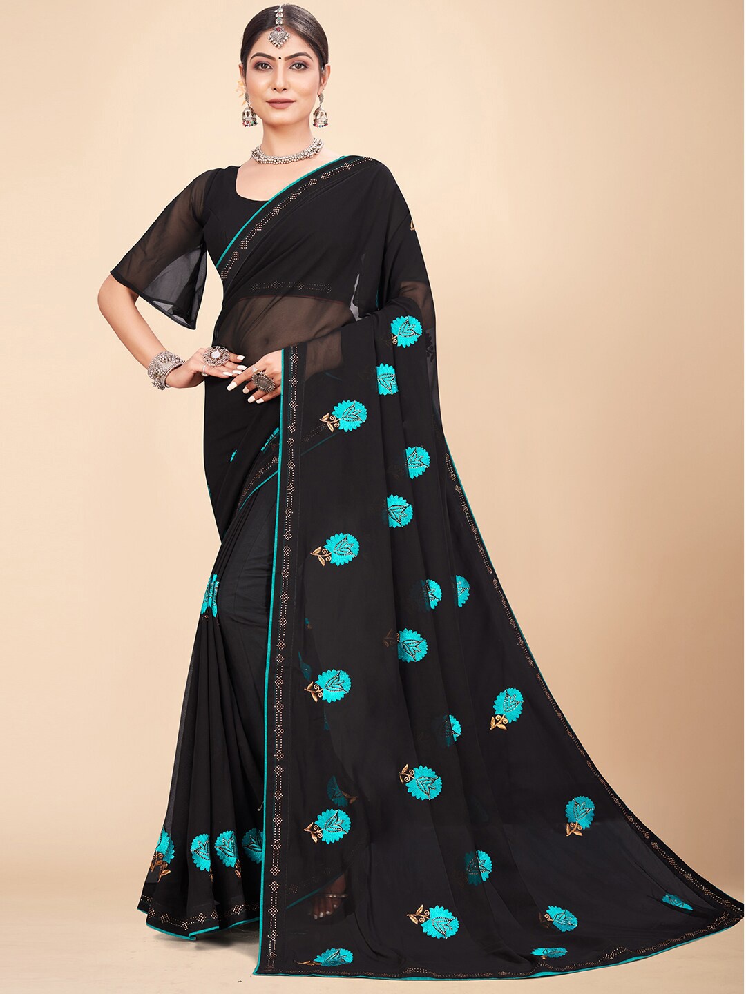 

HRITIKA Black & Blue Floral Embroidered Pure Georgette Saree