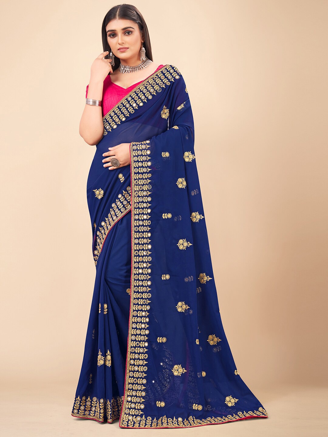 

HRITIKA Navy Blue & Gold-Toned Floral Embroidered Pure Georgette Saree