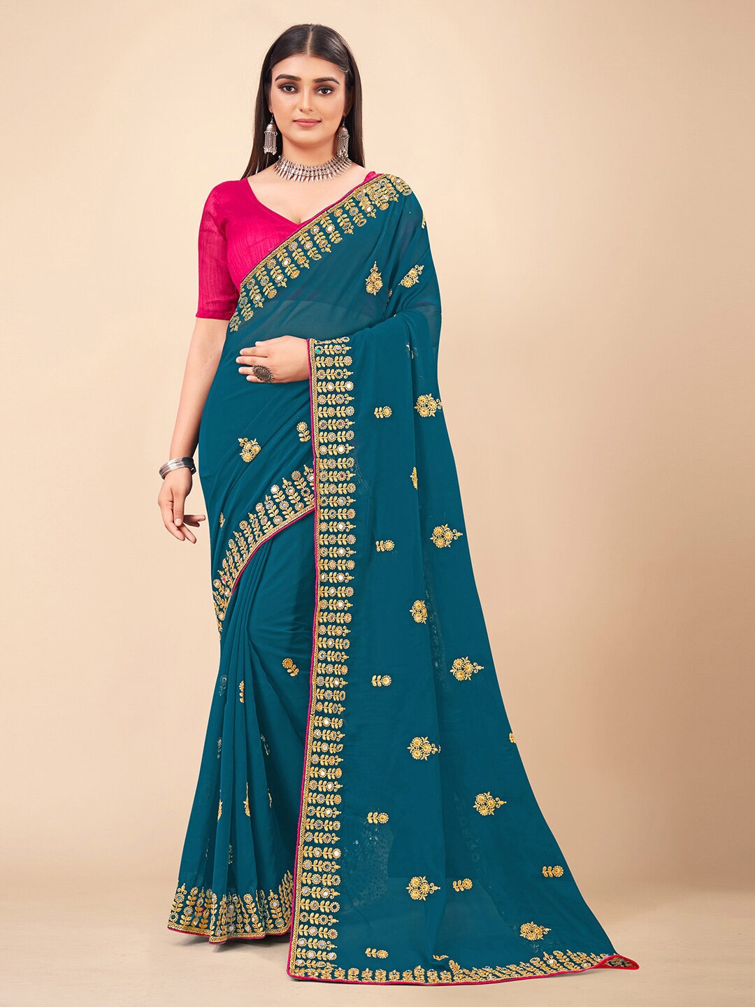 

HRITIKA Teal & Gold-Toned Floral Embroidered Pure Georgette Saree