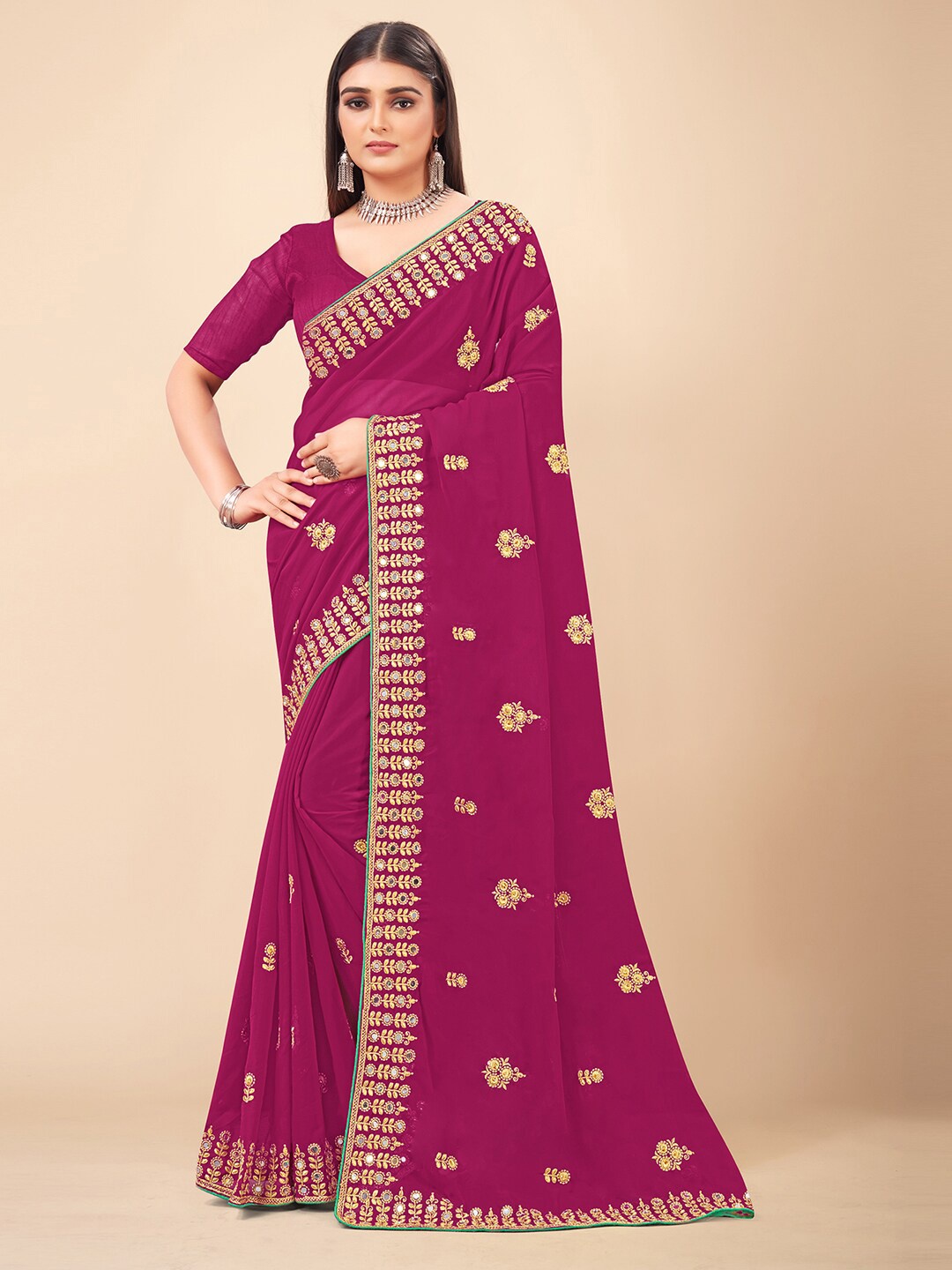 

HRITIKA Magenta & Gold-Toned Floral Beads and Stones Pure Georgette Saree
