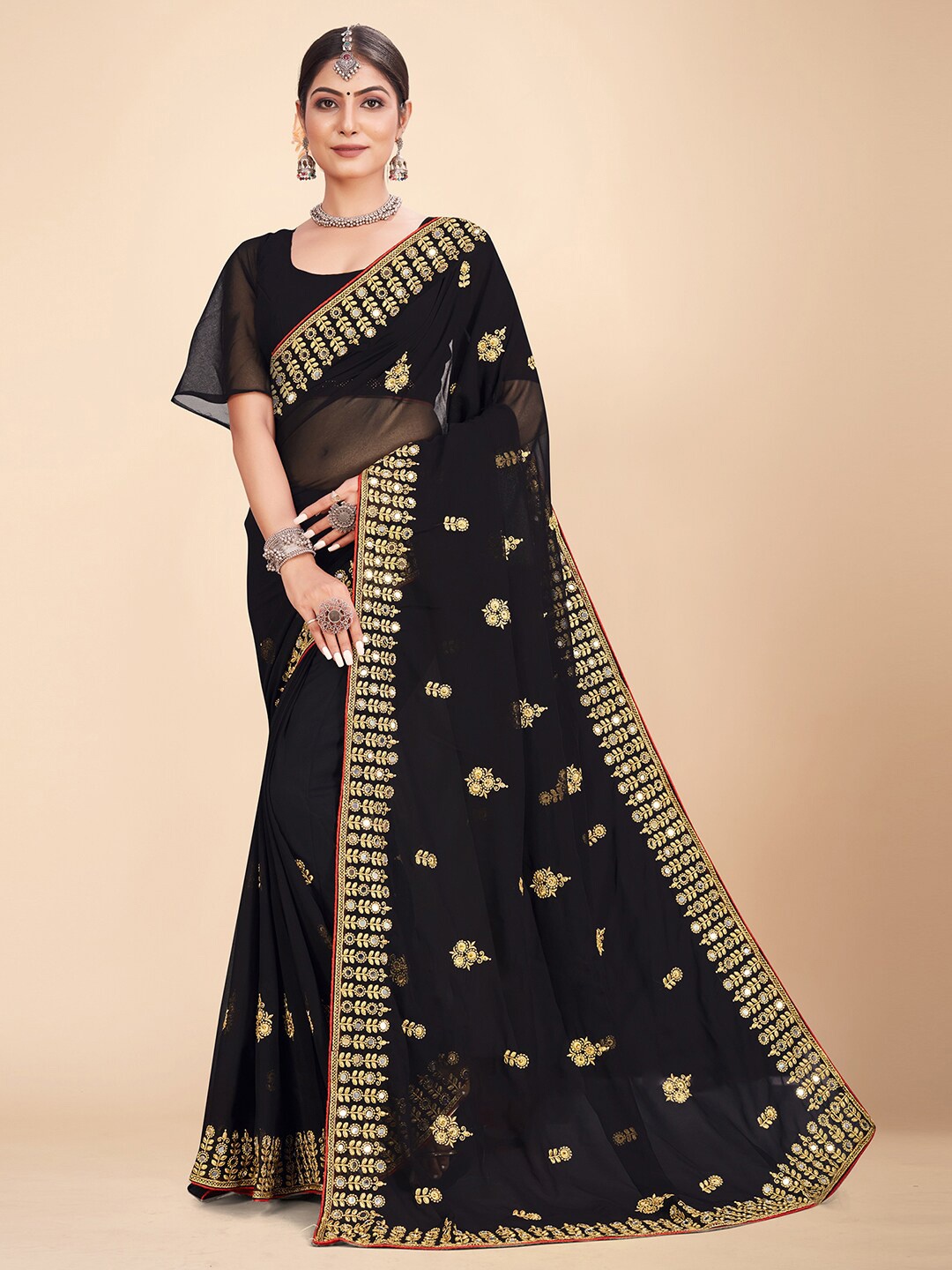 

HRITIKA Black & Gold-Toned Floral Embroidered Pure Georgette Saree