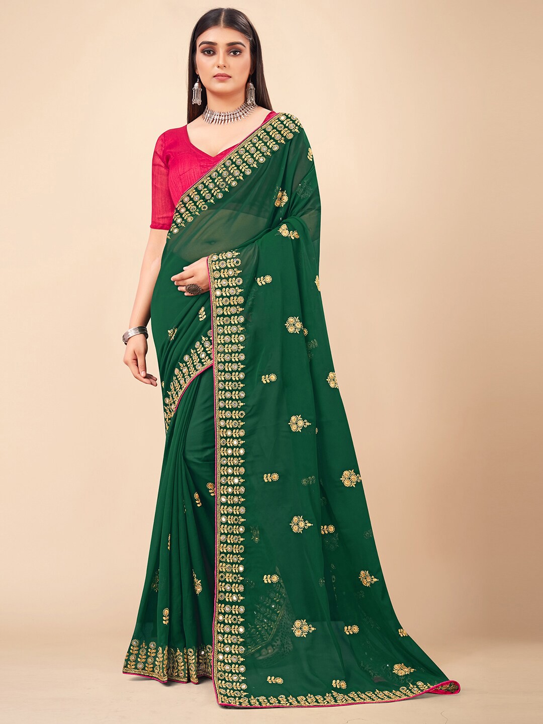 

HRITIKA Green & Gold-Toned Floral Embroidered Pure Georgette Saree