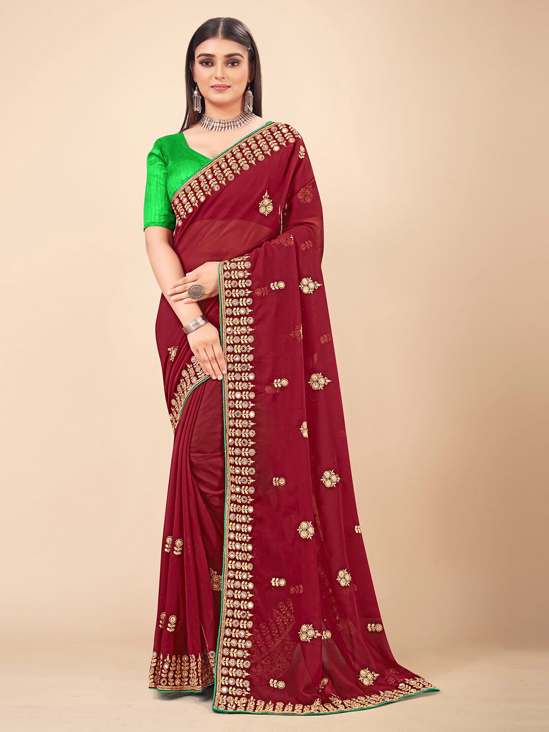 

HRITIKA Maroon & Gold-Toned Floral Beads and Stones Pure Georgette Saree