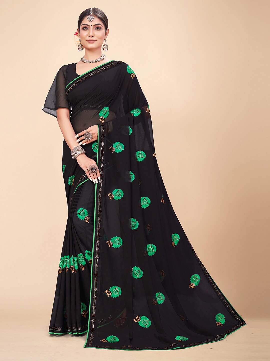 

HRITIKA Green & Black Floral Embroidered Pure Georgette Saree
