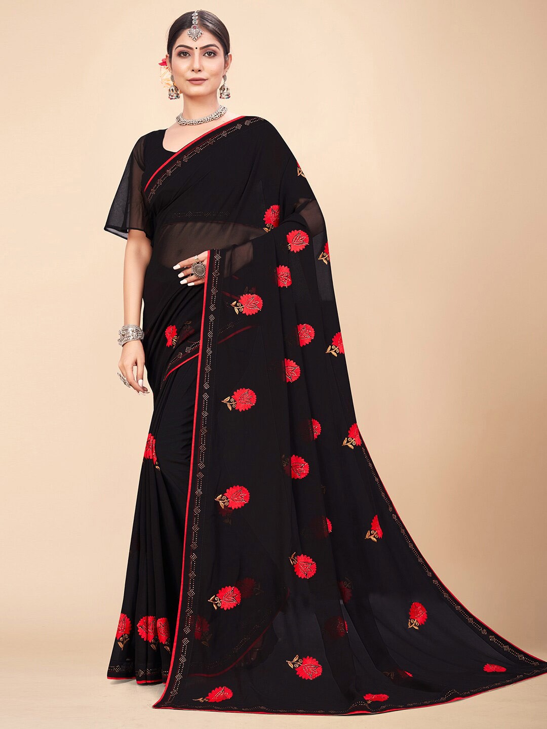 

HRITIKA Red & Black Floral Embroidered Pure Georgette Saree