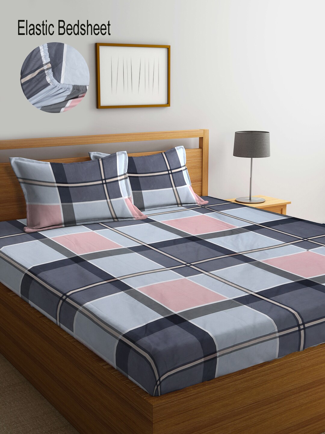 

KLOTTHE Geometric 300 TC Fitted Super King Bedsheet with 2 Pillow Covers, Grey