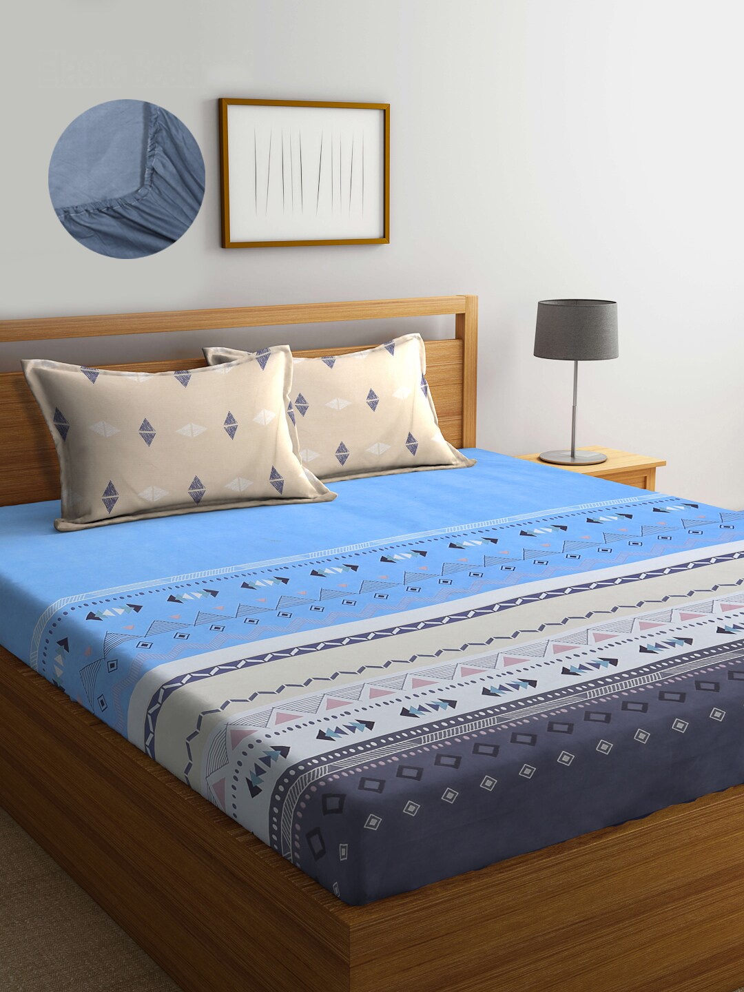 

KLOTTHE Blue & White Printed 300 TC Fitted Super king Double Bedsheet with 2 Pillow Covers