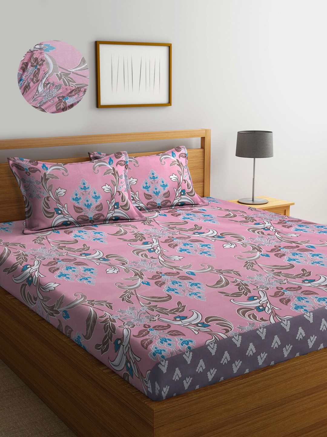 

KLOTTHE Floral Printed 300 TC Fitted Super king Double Bedsheet With 2 Pillow Covers, Pink