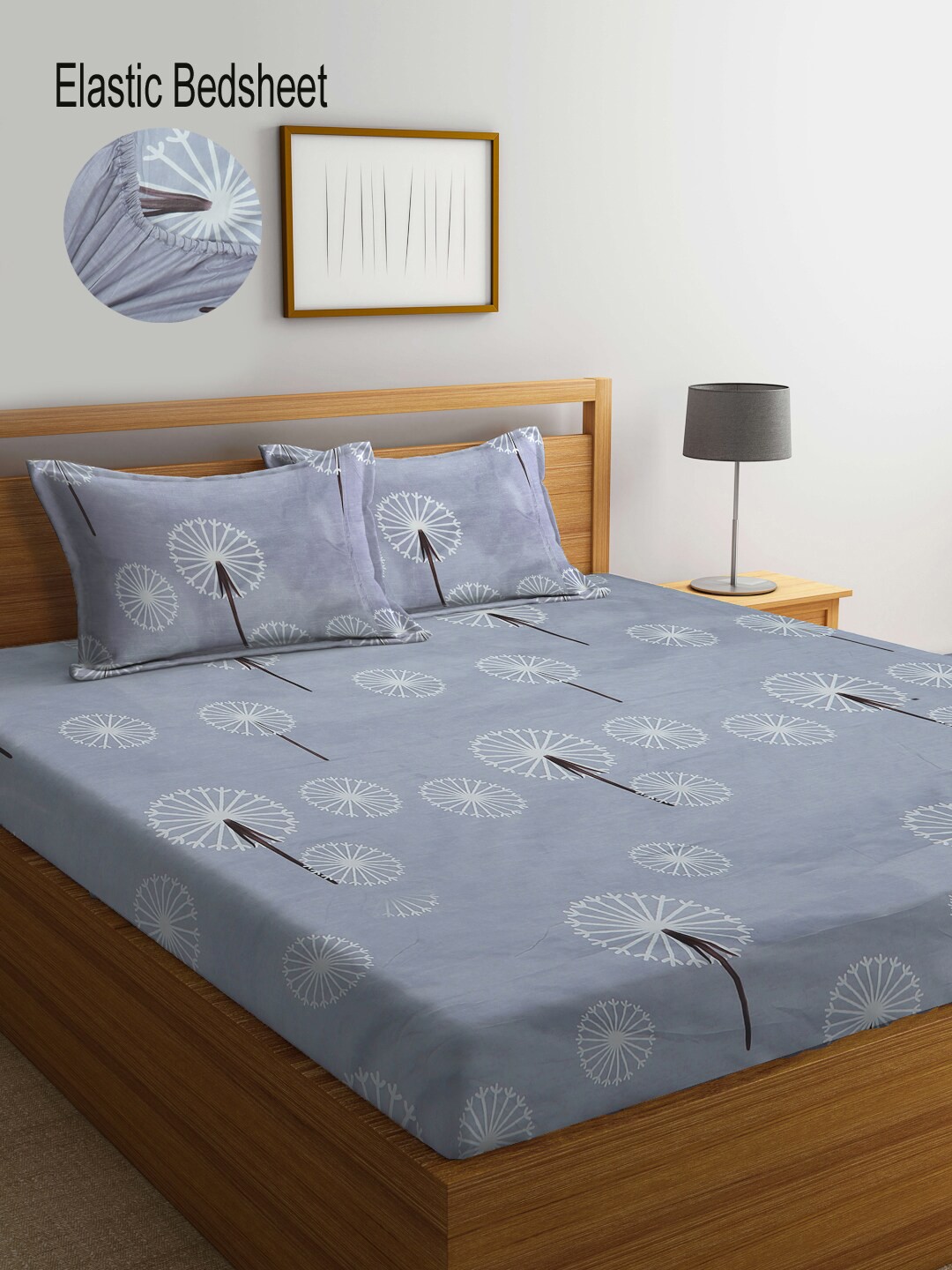 

KLOTTHE Grey Floral Printed 300 TC Fitted Super king Double Bedsheet With 2 Pillow Covers