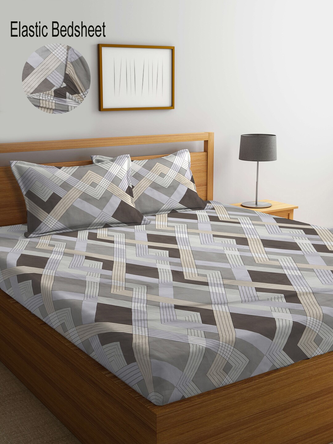 

KLOTTHE Geometric Printed 300 TC Fitted King Bedsheet with 2 Pillow Covers, Grey