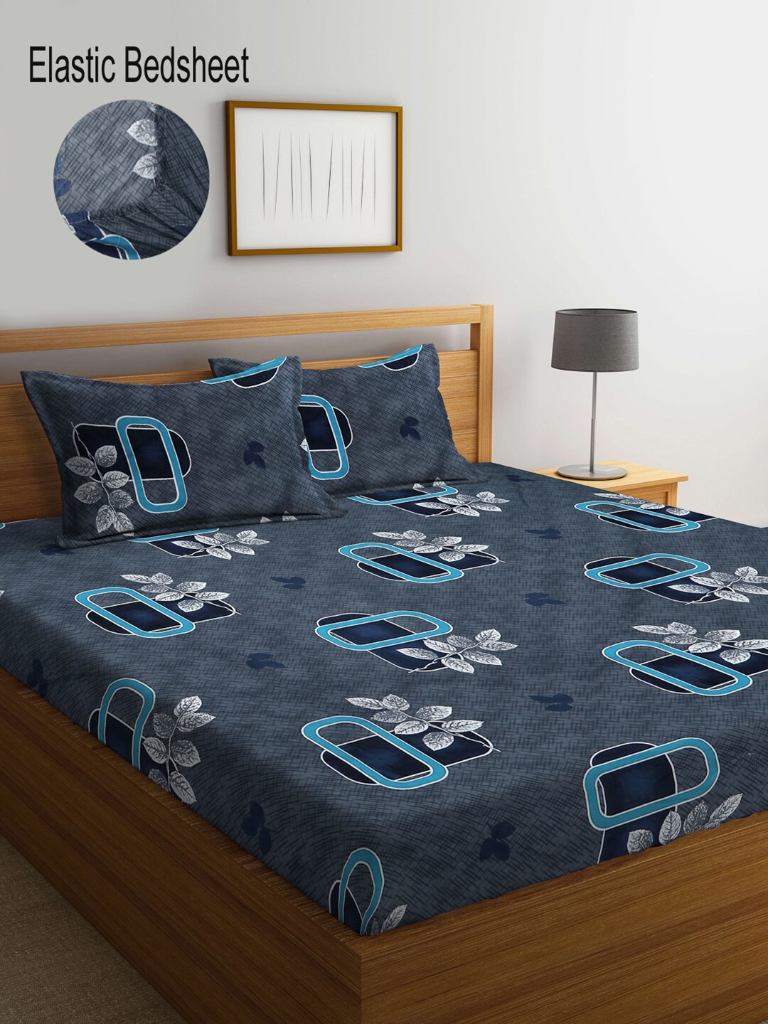 

KLOTTHE Floral Printed 300 TC Fitted King Bedsheet with 2 Pillow Covers, Blue