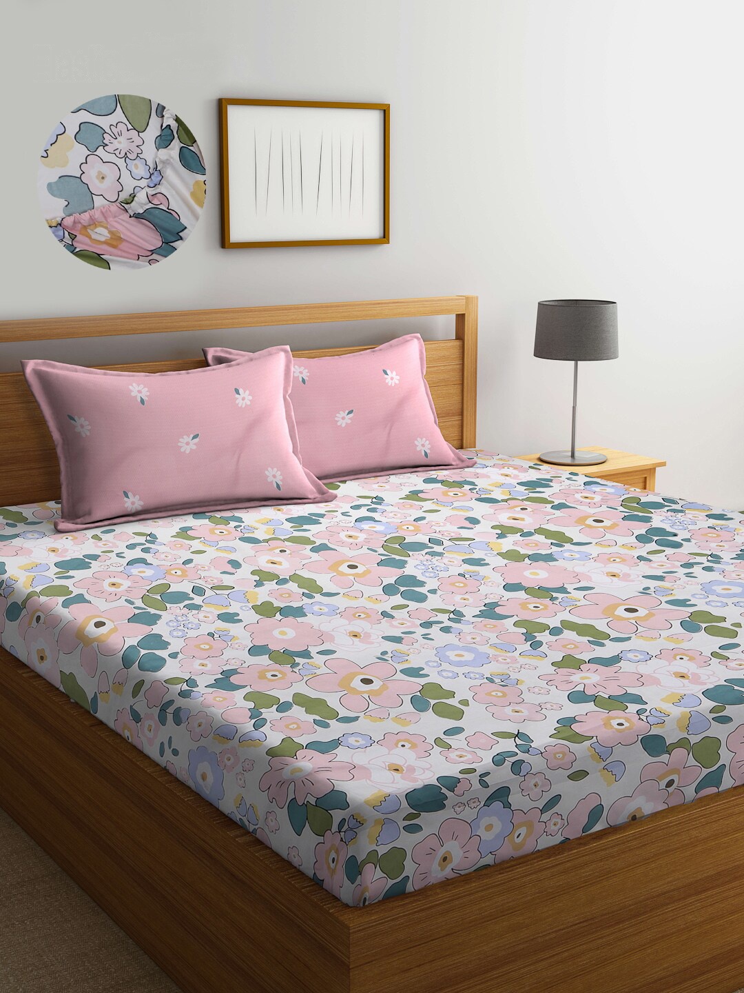 

KLOTTHE Floral Printed 300 TC Fitted Super king Double Bedsheet with 2 Pillow Covers, White