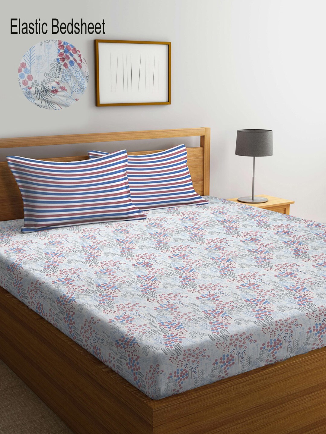 

KLOTTHE White & Blue Floral 300 TC King Bedsheet with 2 Pillow Covers