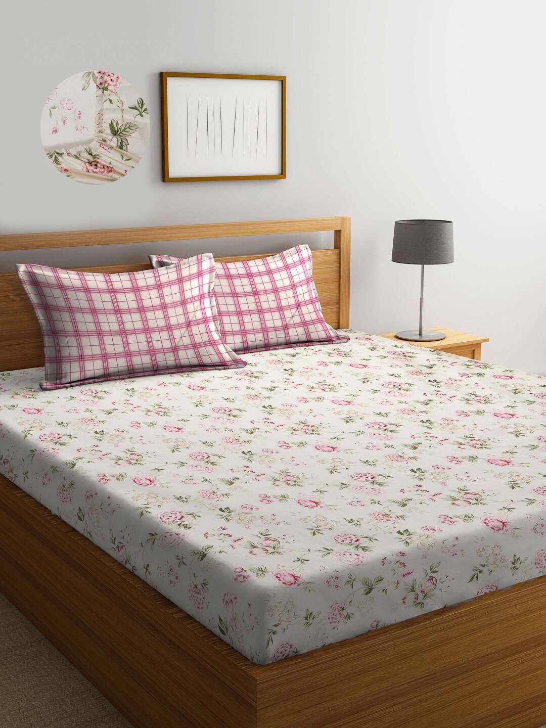 

KLOTTHE Floral Printed 300 TC Fitted Super king Double Bedsheet with 2 Pillow Covers, White