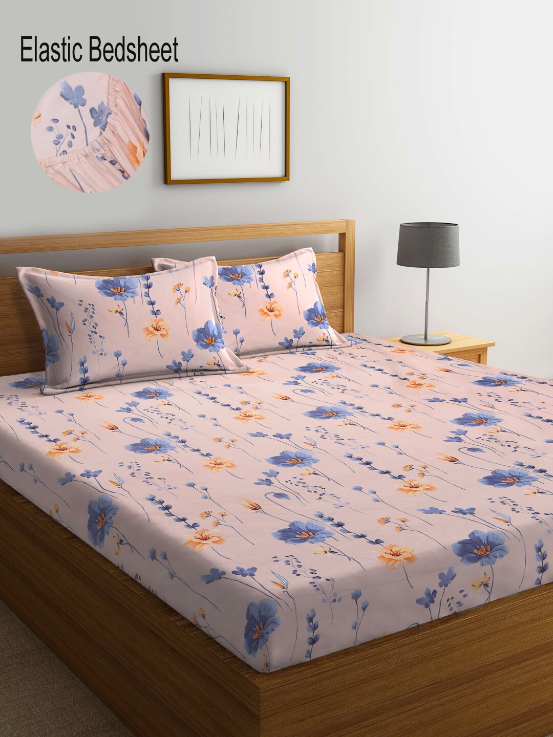 

KLOTTHE Floral Print 300 TC Fitted Super King Double Bedsheet with 2 Pillow covers, Pink