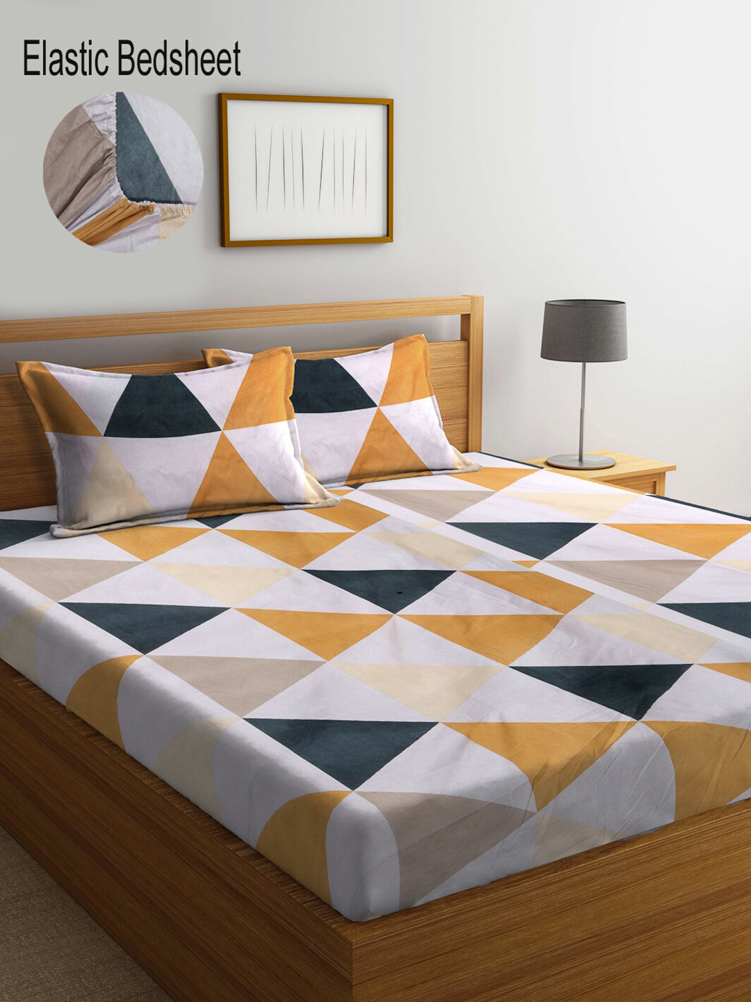 

KLOTTHE White & Grey Geometric 300 TC Fitted Super King Double Bedsheet & 2 Pillow Covers
