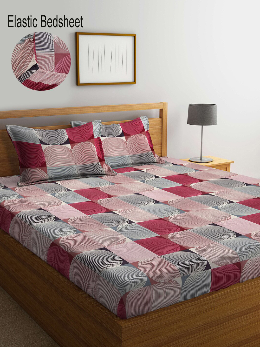 

KLOTTHE Pink Geometric 300 TC Fitted Super King Double Bedsheet with 2 Pillow covers