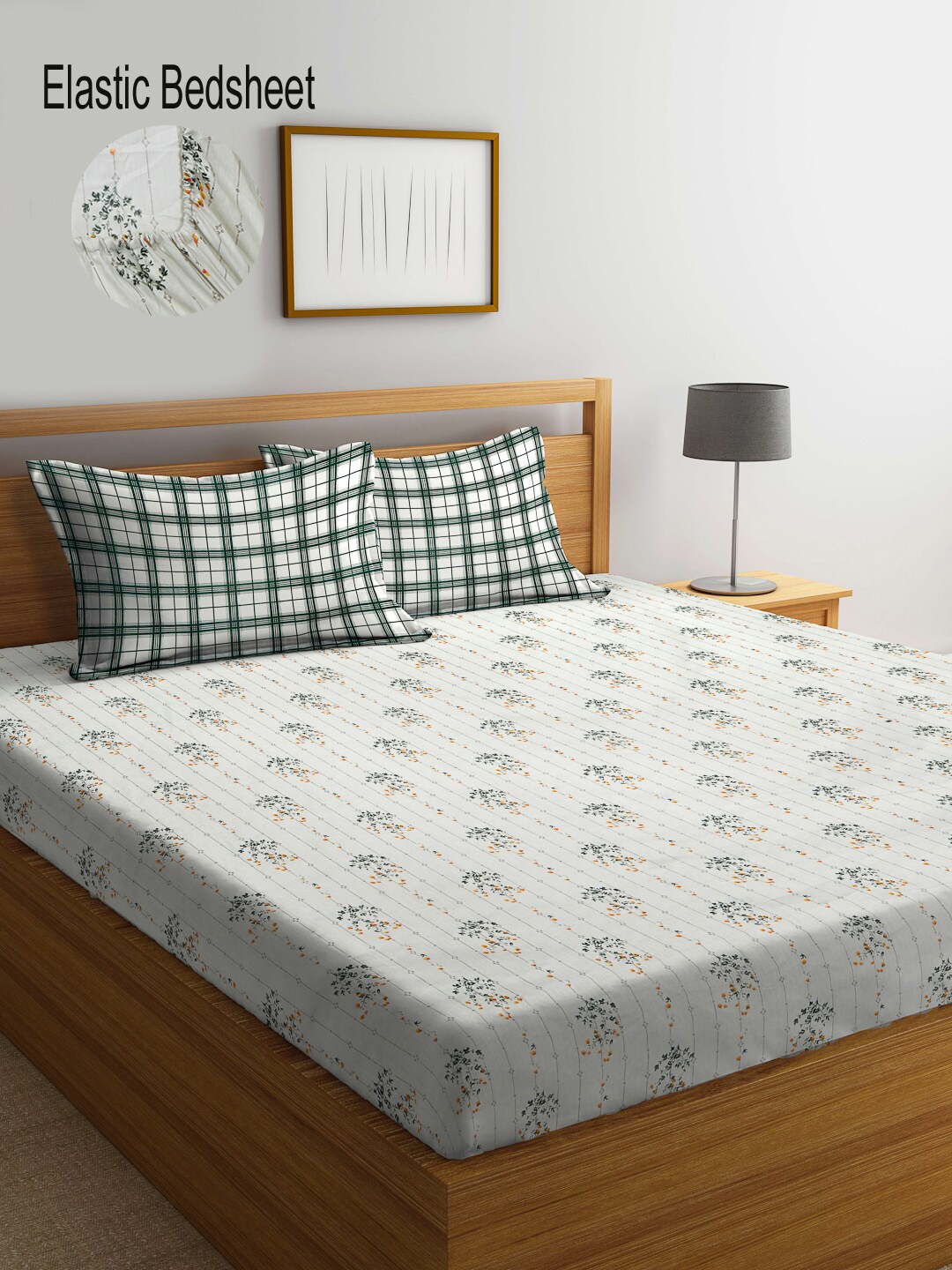 

KLOTTHE White & Green Floral 300 TC Fitted Super King Double Bedsheet with 2 Pillow covers