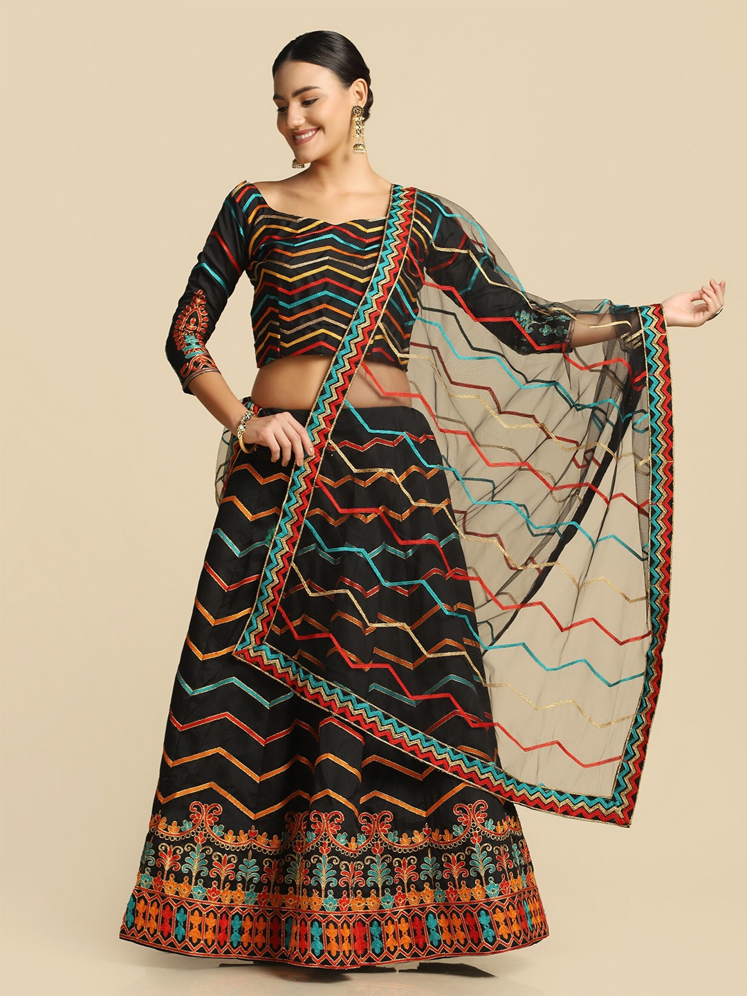 

Warthy Ent Black & Blue Embroidered Semi-Stitched Lehenga & Unstitched Blouse With Dupatta