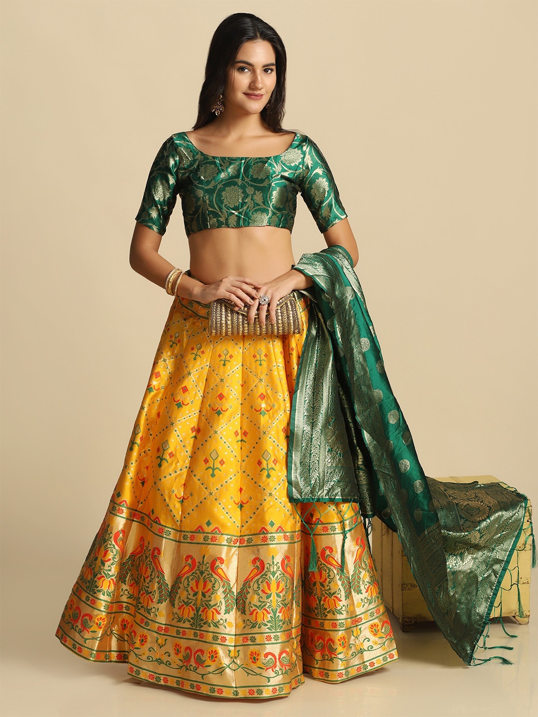 

Warthy Ent Yellow & Green Semi-Stitched Lehenga & Unstitched Blouse With Dupatta