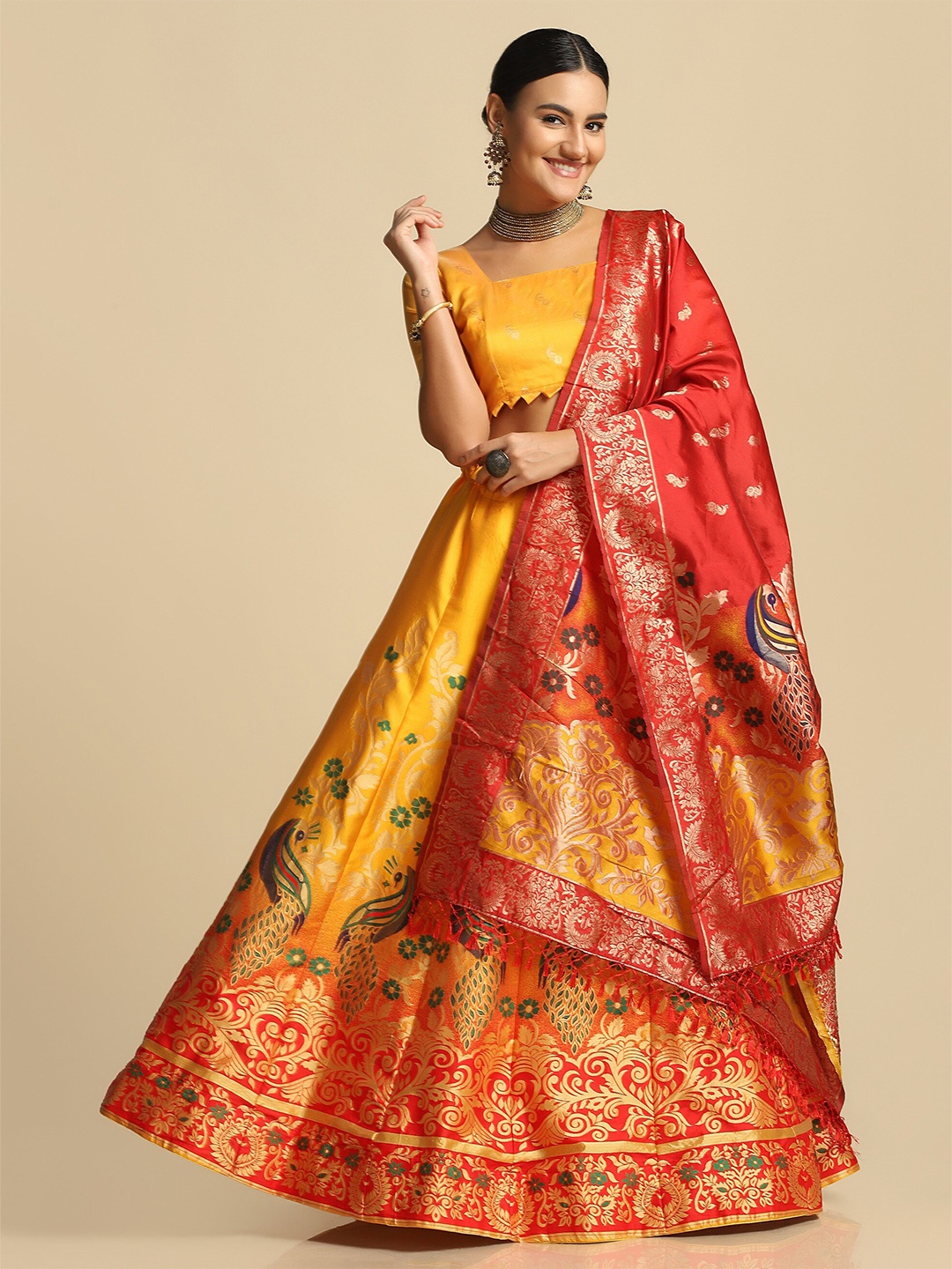 

Warthy Ent Yellow & Red Semi-Stitched Lehenga & Unstitched Blouse With Dupatta