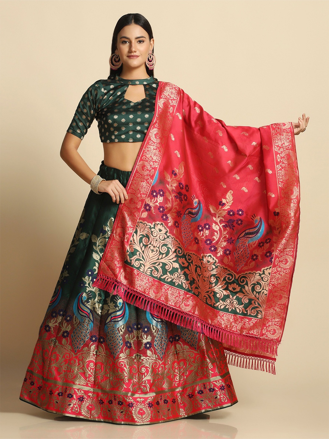 

Warthy Ent Green & Pink Semi-Stitched Lehenga & Unstitched Blouse With Dupatta