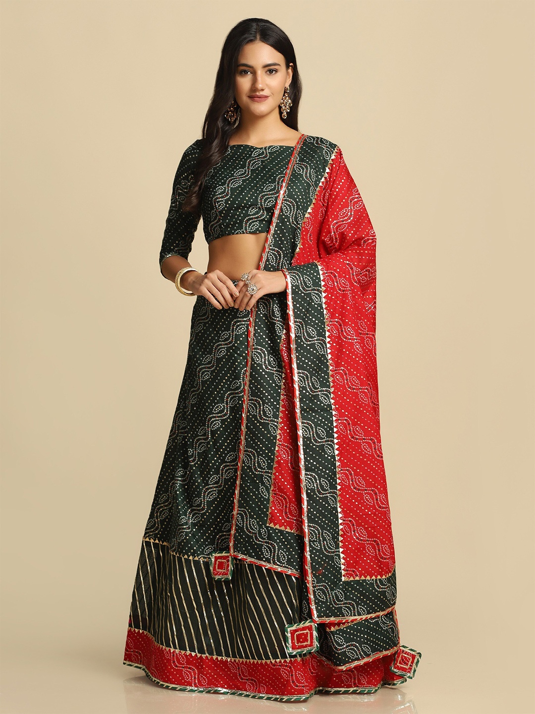 

Warthy Ent Green & Red Printed Semi-Stitched Lehenga & Unstitched Blouse With Dupatta