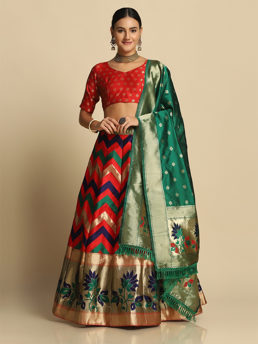 

Warthy Ent Red & Green Semi-Stitched Lehenga & Unstitched Blouse With Dupatta