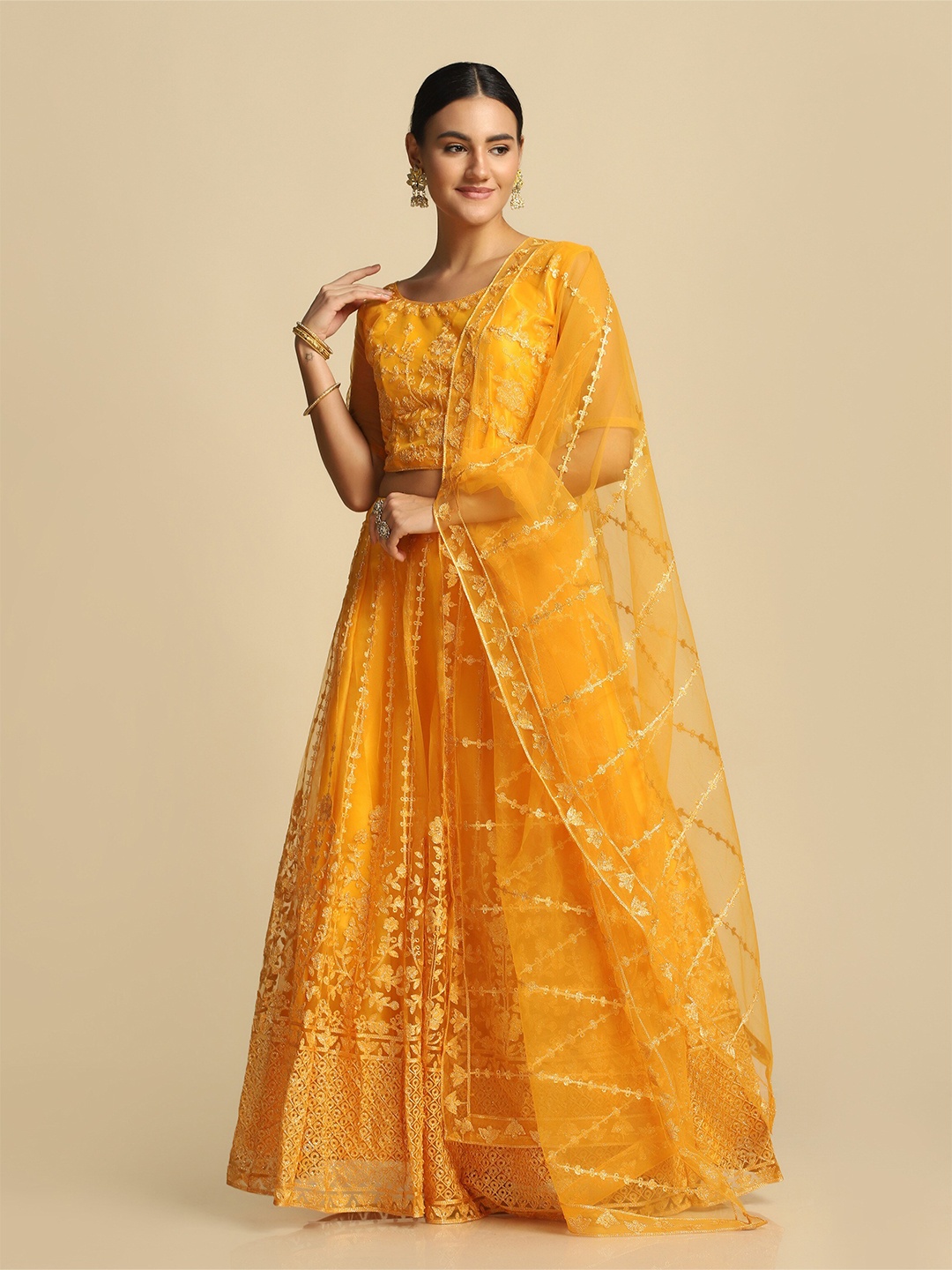 

Warthy Ent Yellow Embroidered Thread Work Tie and Dye Semi-Stitched Lehenga & Unstitched Blouse With Dupatta