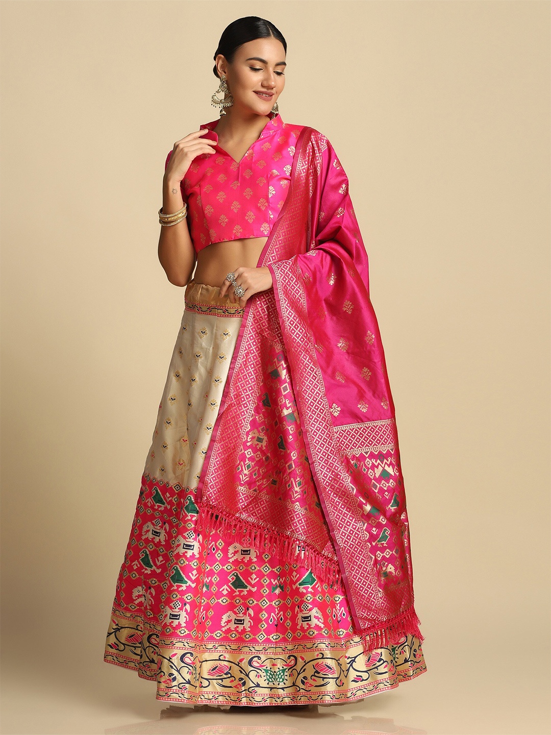 

Warthy Ent Pink & Cream Floral Semi-Stitched Lehenga & Unstitched Blouse With Dupatta