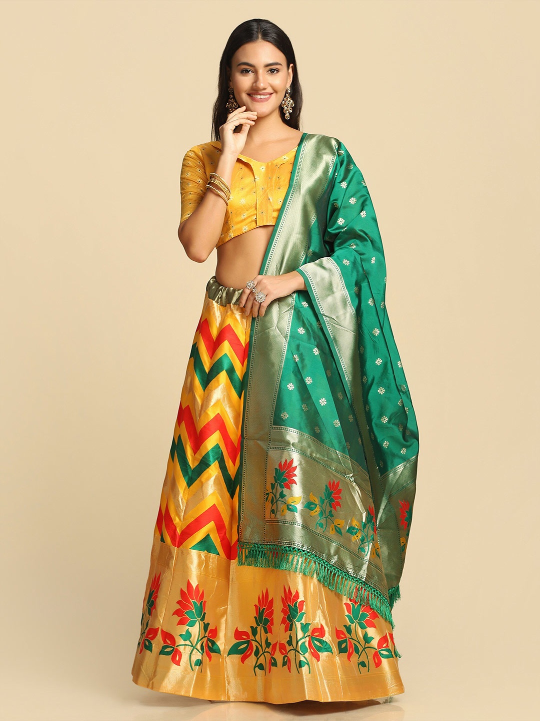 

Warthy Ent Yellow & Green Semi-Stitched Lehenga & Unstitched Blouse With Dupatta