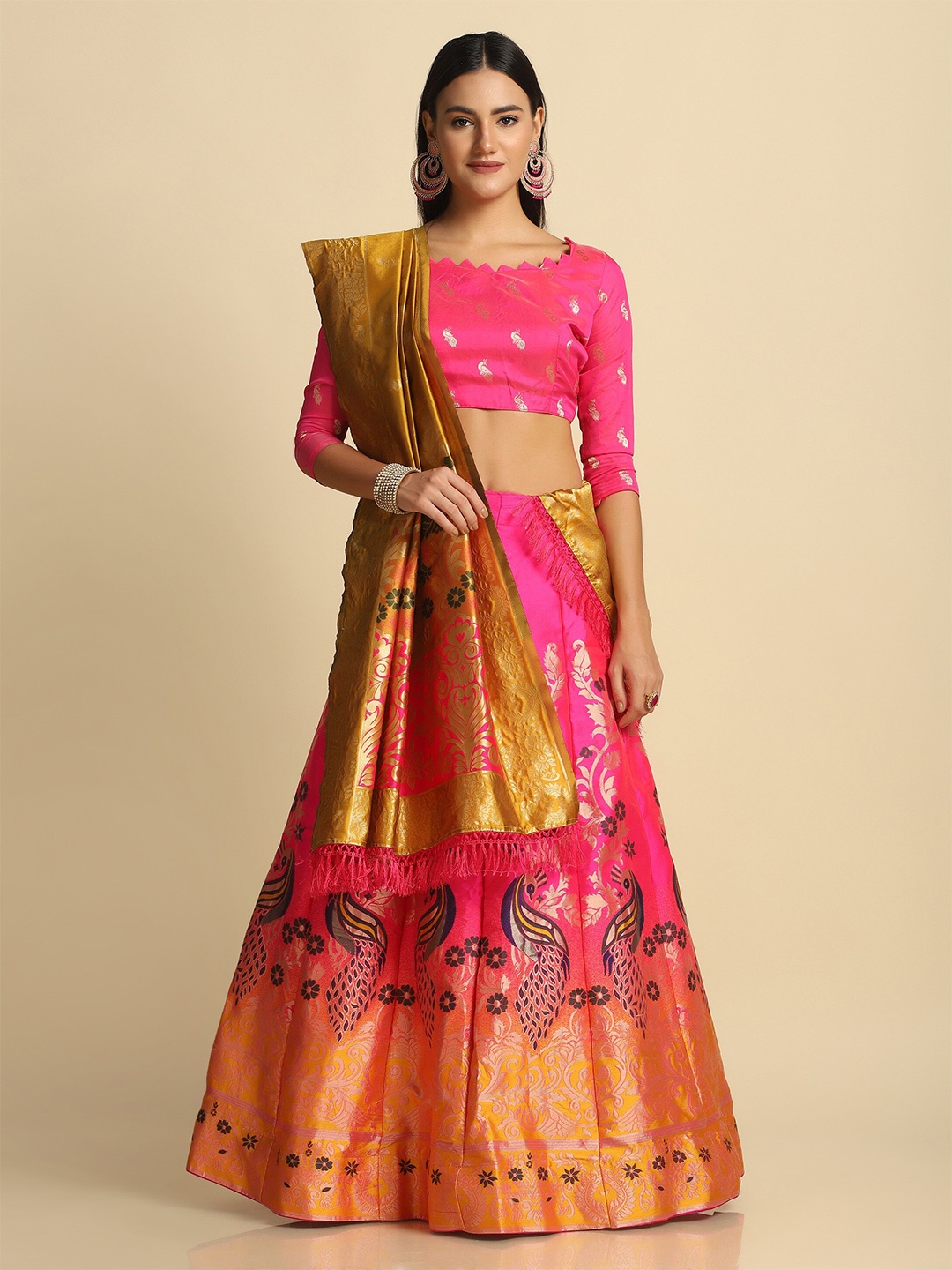 

Warthy Ent Pink & Yellow Semi-Stitched Lehenga & Unstitched Blouse With Dupatta