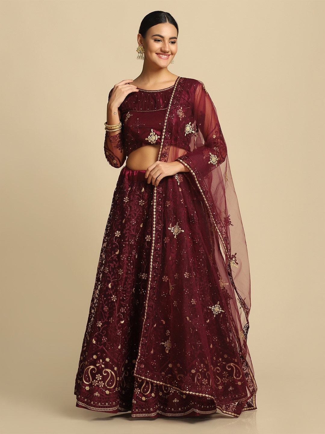 

Warthy Ent Purple & Gold-Toned Thread Work Semi-Stitched Lehenga & Unstitched Blouse