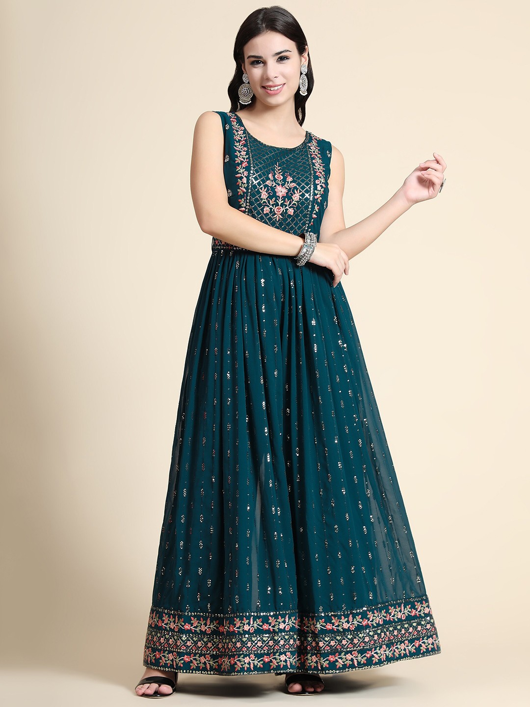 

KALINI Basic Jumpsuit with Embroidered Work, Teal