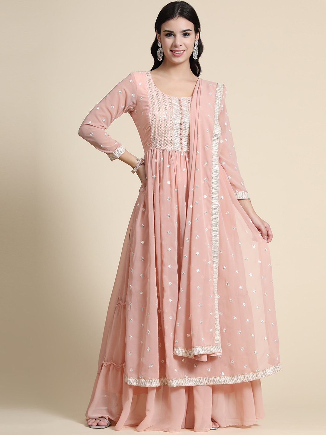 

KALINI Women Peach-Coloured Ethnic Motifs Embroidered Empire Thread Work Kurta with Sharara & With Dupatta