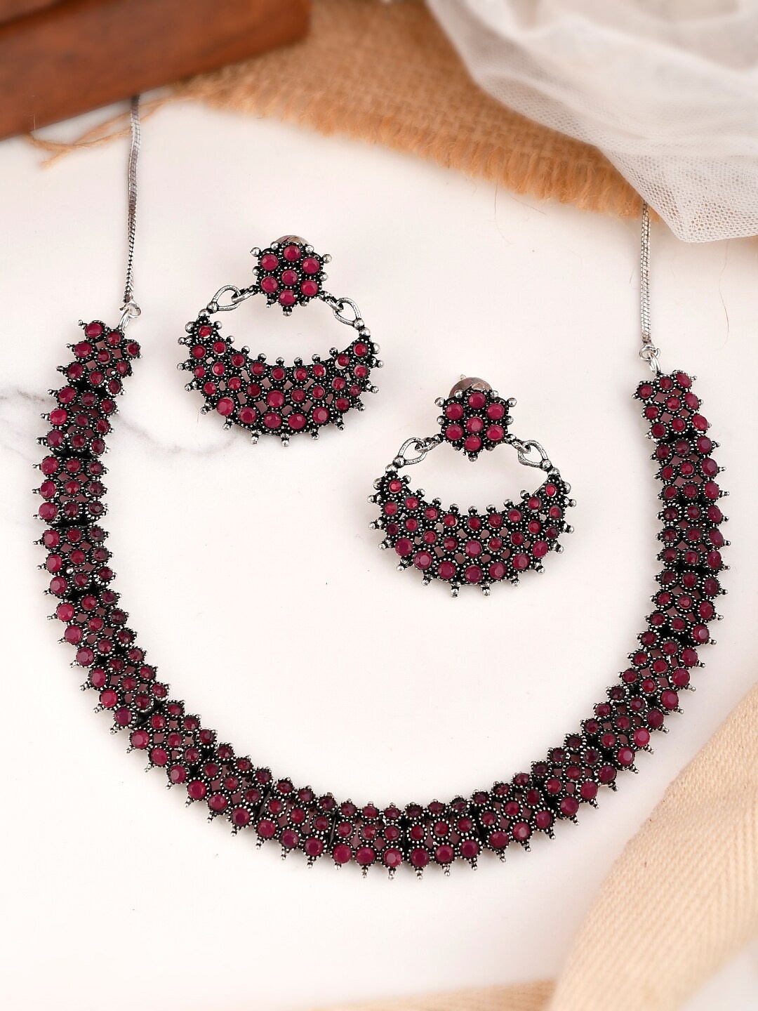 

AQUASTREET JEWELS Oxidised Silver-Plated Red Stone-Studded Jewellery Set